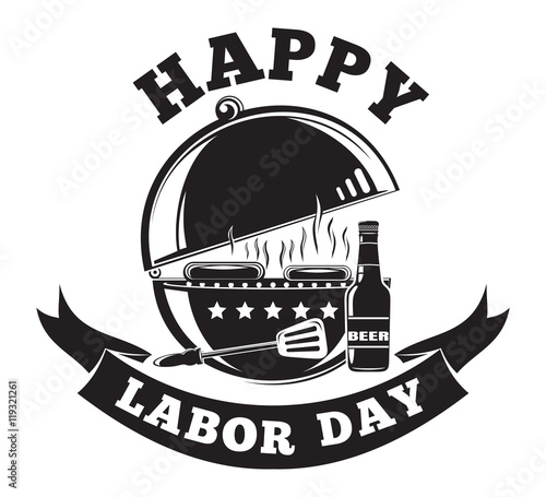 Labor Day logo design with grill barbecue (BBQ), cookout, grilled meat, hot dog, beer bottle and lettering - Happy Labor Day. Vector illustration isolated on white background