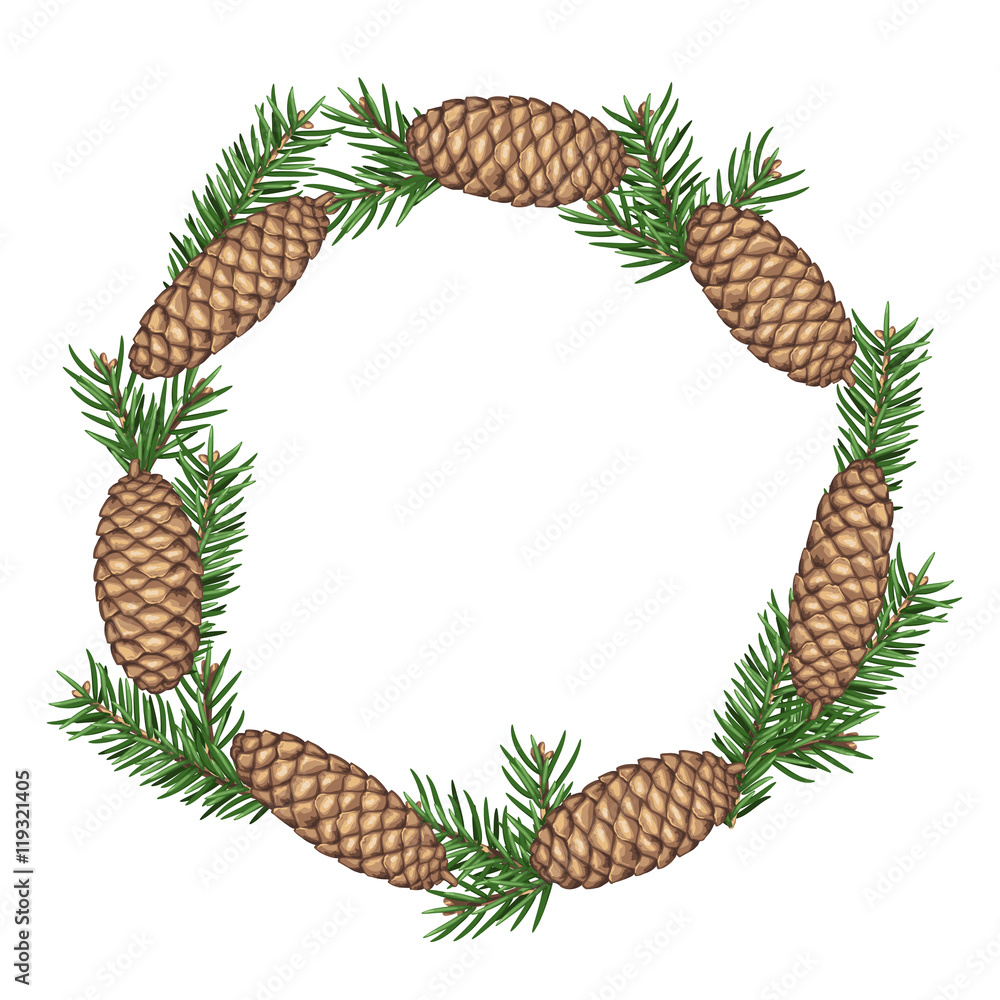 Fototapeta premium Wreath with fir branches and cones. Detailed vintage illustration