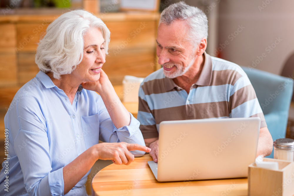 Positive couple using laptop