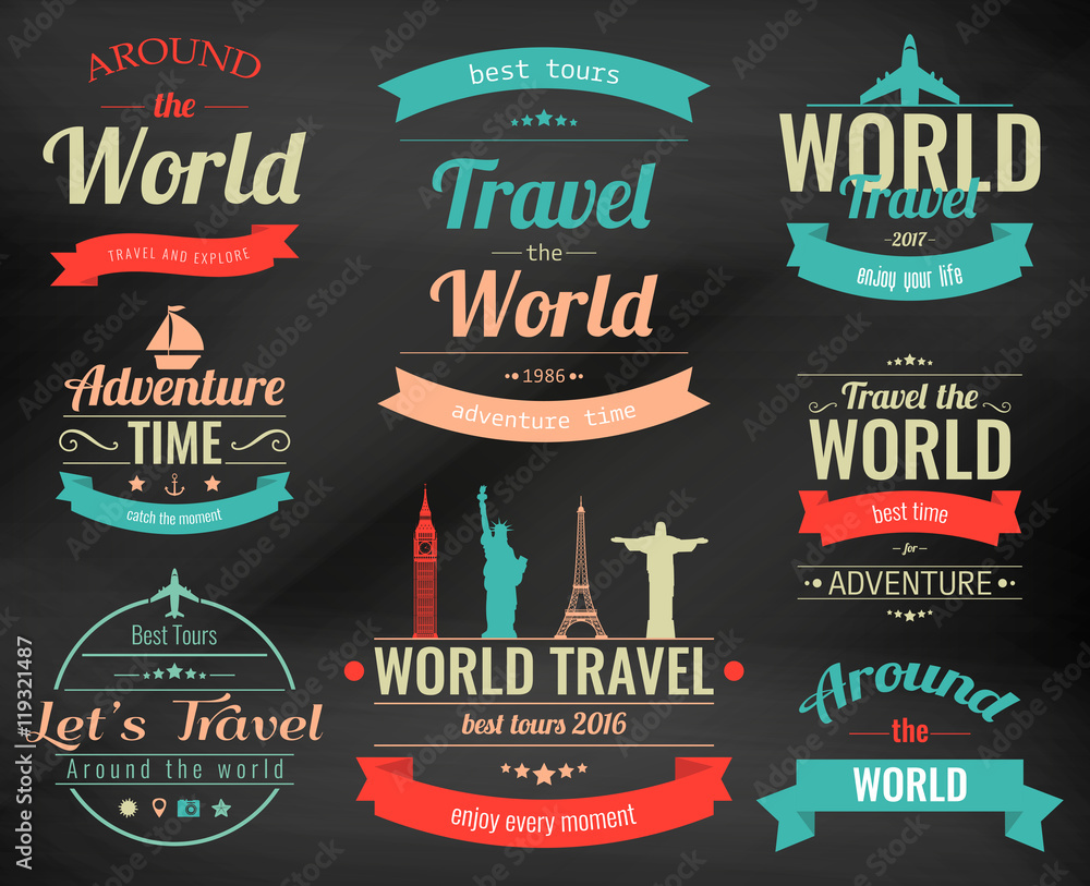 Obraz premium Set of vintage Travel badges and labels. Holiday Elements Icons. Travel and Tourism. Vector