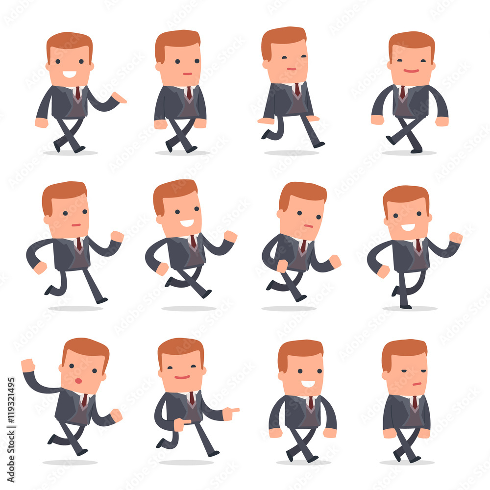 Set of Funny and Cheerful Character Rich man goes and runs poses Set of Funny and Cheerful Character Rich man goes and runs poses