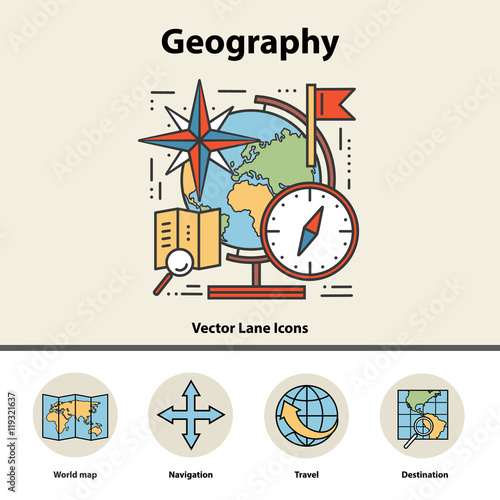 Modern color thin line concept of geography for school, university and training.