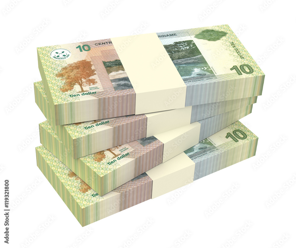 Surinamese dollars bills stacks isolated on white background. 3D illustration. Surinamese dollars bills stacks isolated on white background. 3D illustration.