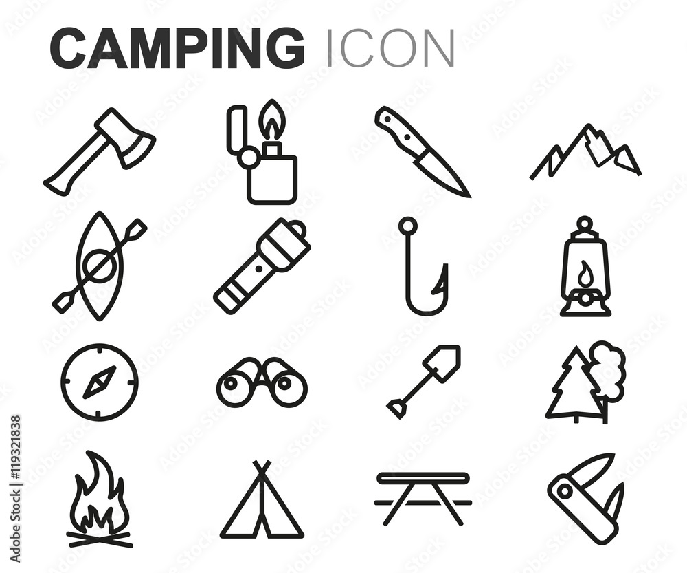 Vector black line camping icons set Vector black line camping icons set