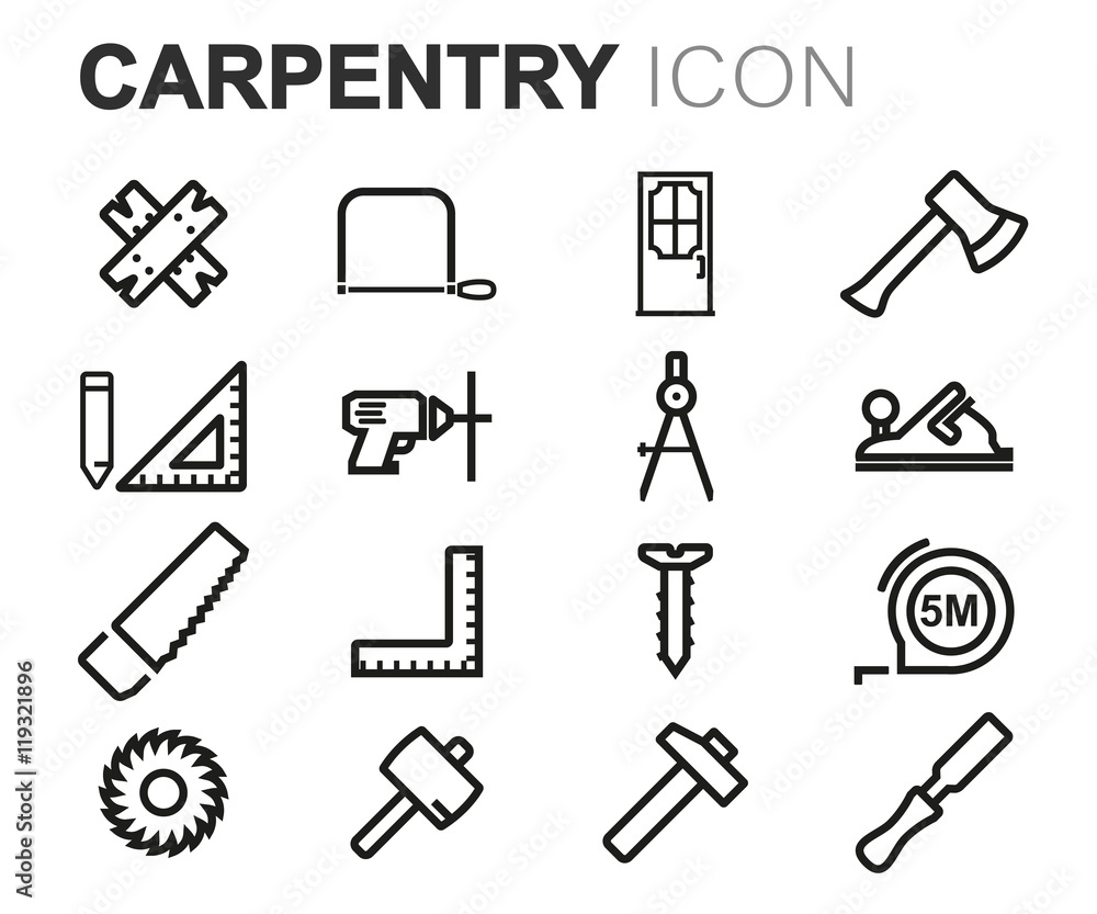 Vector black line carpentry icons set Vector black line carpentry icons set