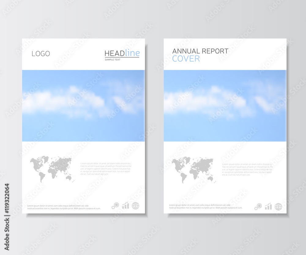 White annual report cover, brochure template. Presentation template with world map image. Leaflet design corporate identity, flyer layout in a4 size. Vector, eps 10