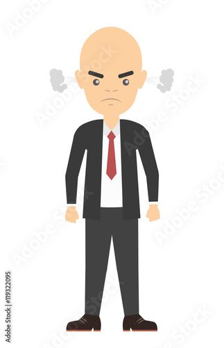 Isolated angry bald businessman. Stereotype of angry clerk. Full of stress and anger.
