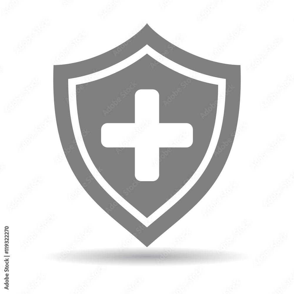 Fototapeta premium Medical health concept. Isolated grey shiel with cross on white background. First aid and healthcare.