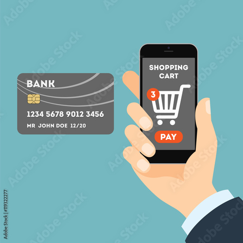 Online shopping with credit card. Easy payment for order with plastic card through internet.
