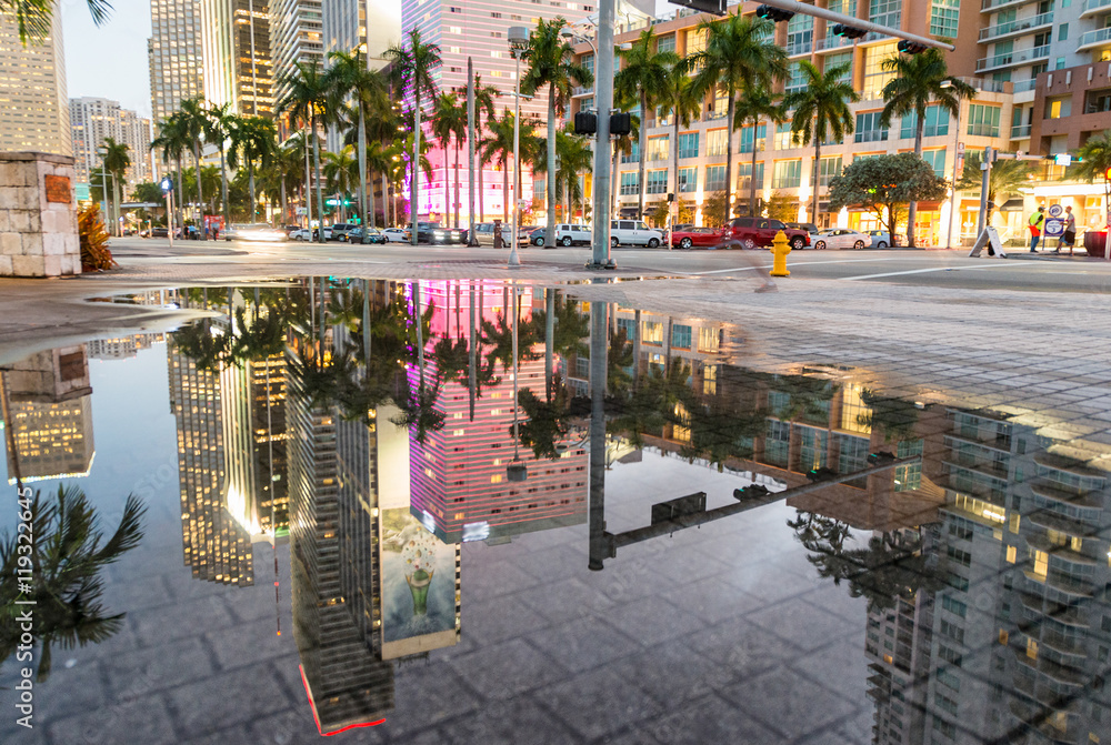 Miami skyline reflections at sunset