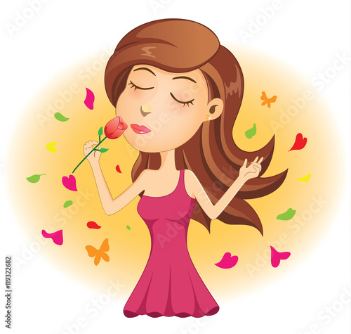 Young Lady Smelling Red Rose