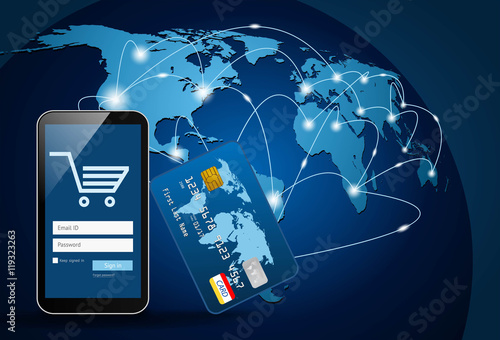 Smart phone with credit card on global map background Vector