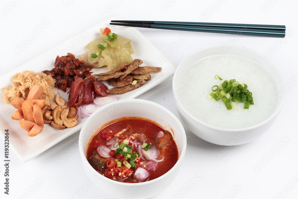 Rice gruel and side dish on white background. (Dried shredded pork,Chinese sausage,crispy fish,sausage, fried baby clams,sliced red onion,pickle Chinese cabbage ,Spicy sardine salad and shallots )
Rice gruel and side dish on white background. (Dried shredded pork,Chinese sausage,crispy fish,sausage, fried baby clams,sliced red onion,pickle Chinese cabbage ,Spicy sardine salad and shallots )