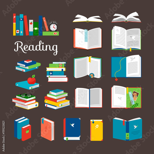 Reading book vector cartoon icons set. School and hand books, library books stack vector illustration