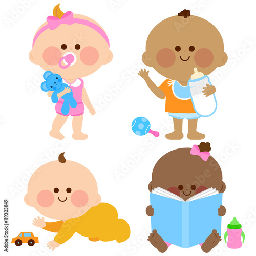 Cute baby girls and boys. Vector illustration
