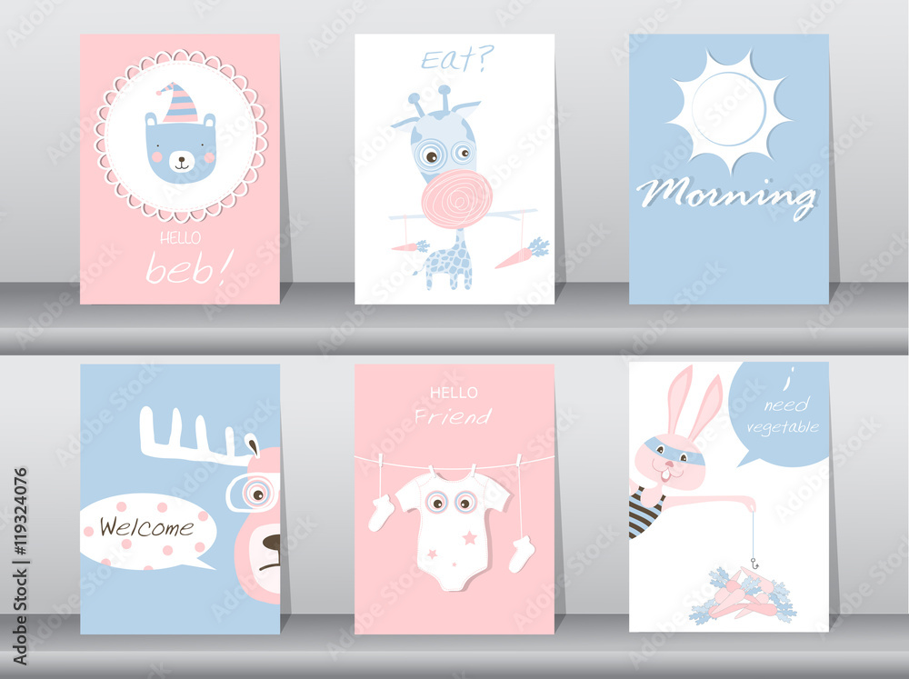 Set of cute animals poster,template,cards,bear,rabbit,giraffe,deer,zoo,Vector illustrations 