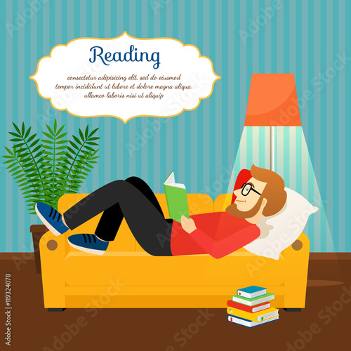 Young man reading book on comfortable sofa. Relax and home relax vector illustration