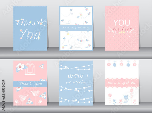 Set of invitation cards,thank you cards,poster,template,greeting cards,animals,birds,flowers,Vector illustrations