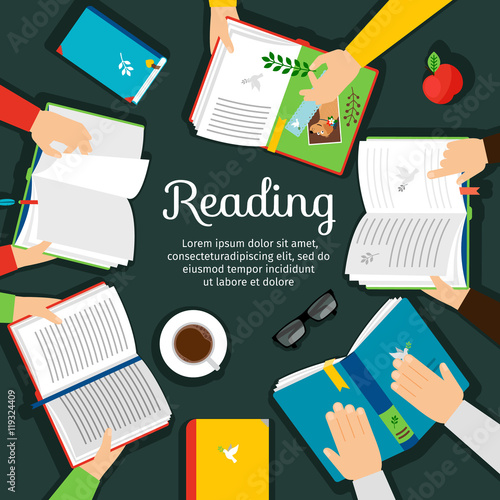 Reading club. Open books on table with hands top view vector illustration