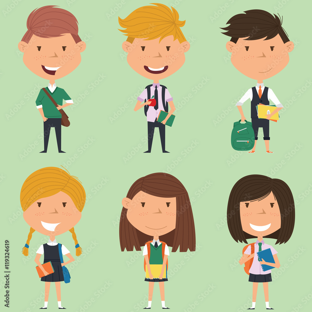 School boys and girls standing with books and backpacks. School boys and girls standing with books and backpacks.