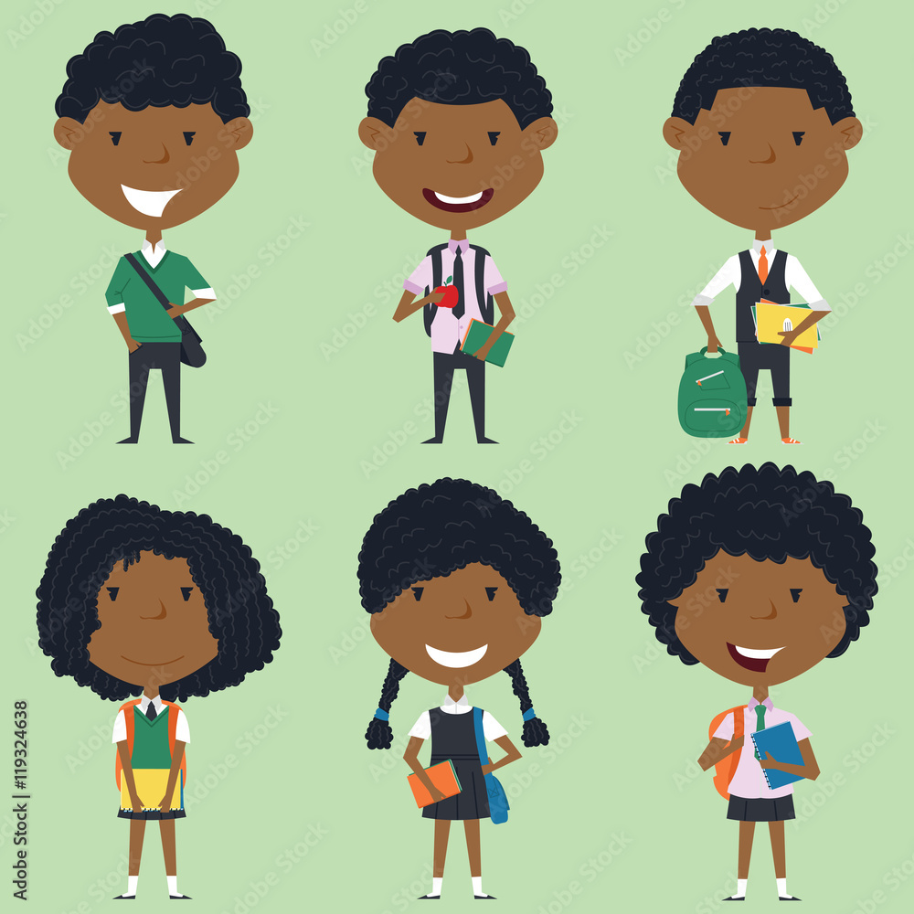 African american school boys and girls standing with books and b African american school boys and girls standing with books and b