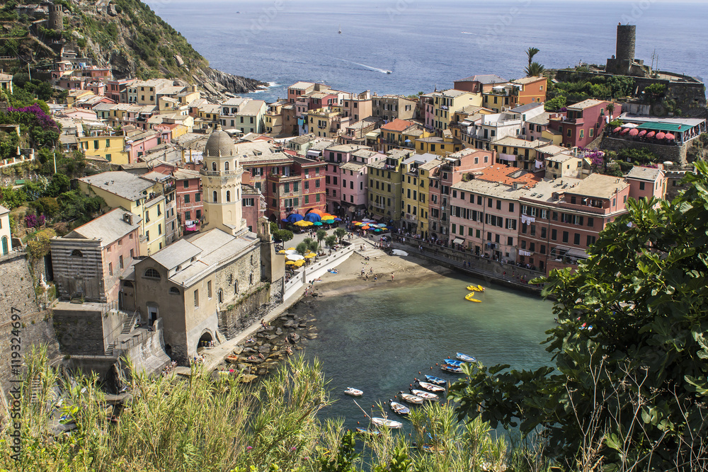 the pastel town of Vernazza, seen from above
