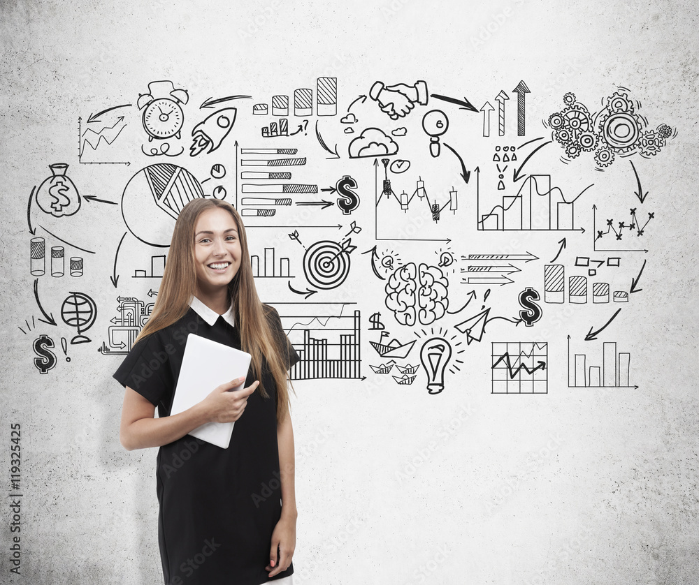 Smiling business lady and start up sketch Smiling business lady and start up sketch