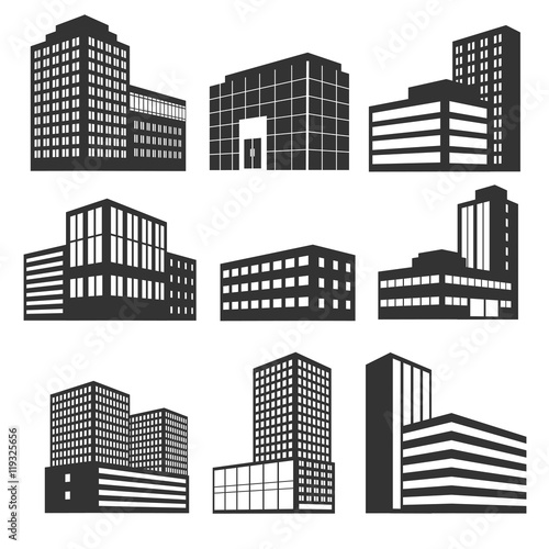 Modern business buildings black vector icons isolated on white