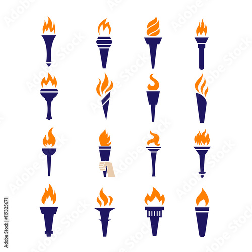 Olympic fire torch victory championship flame flat vector icons set