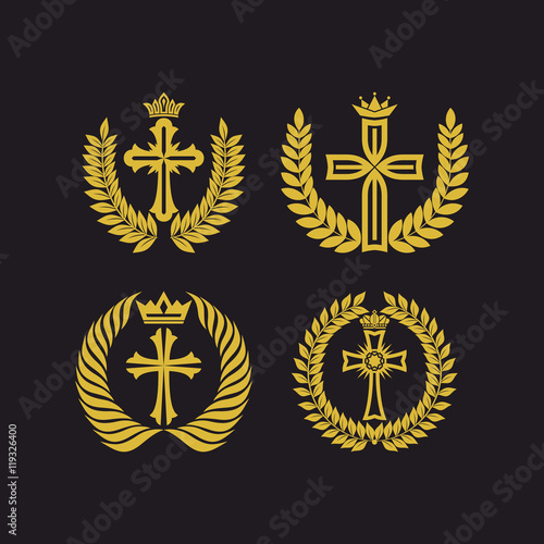 Church logo. Christian symbols. Floral wreath and the cross of Jesus.