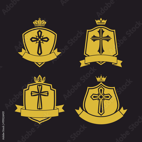 Church logo. Christian symbols.  The shield with the cross of Jesus and ribbon.
