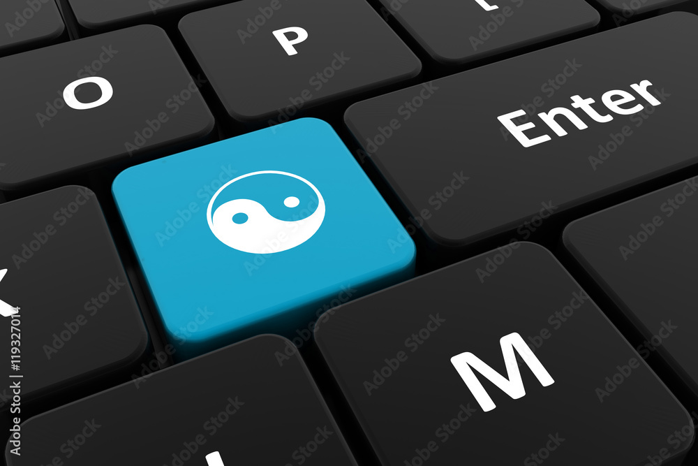 Computer keyboard, macro button with the image of Yin and Yang. 3D render of a laptop keyboard Computer keyboard, macro button with the image of Yin and Yang. 3D render of a laptop keyboard