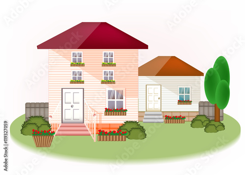 House exterior with trees, flowers, cute modern graphic