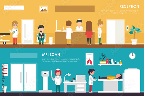 Clinical Reception and MRI Scanner flat hospital interior medical concept web. Nuclear magnetic resonance imaging tomography. Vector Illustration