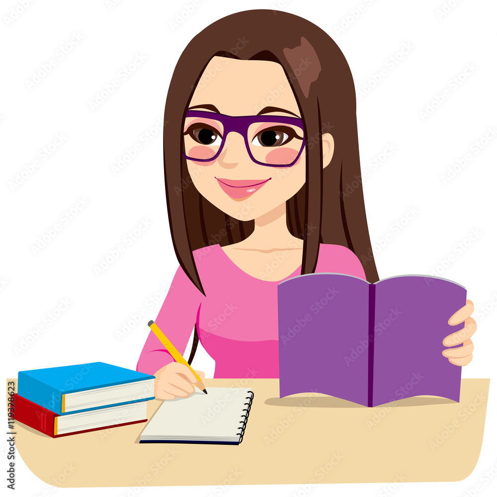 Teenage girl studying with some books and taking notes writing on notebook