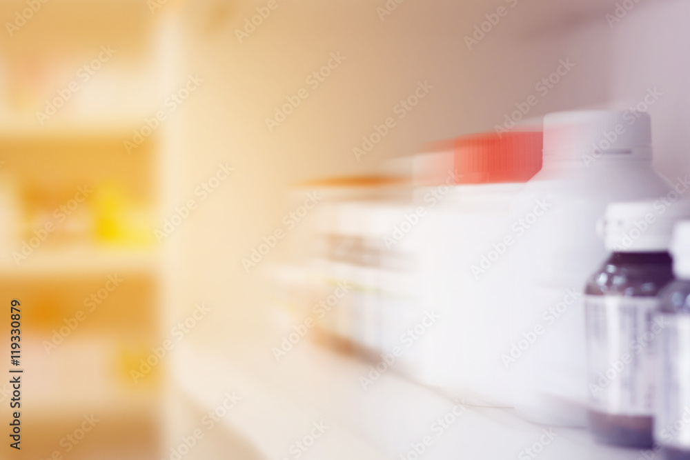 Pharmacy store shelves with motion blur