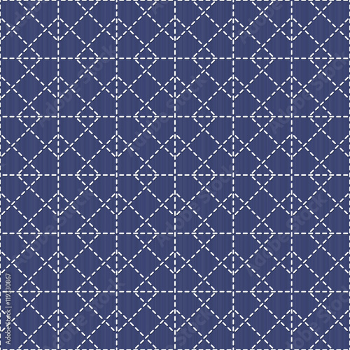Japanese sashiko motif with rhombs. Traditional Japanese Embroidery Ornament. Seamless pattern. Abstract geometric backdrop. For decoration or printing on fabric. Monochrome.