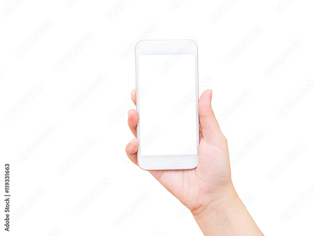 Isolated female hand holding mobile phone - obrazy, fototapety, plakaty 
