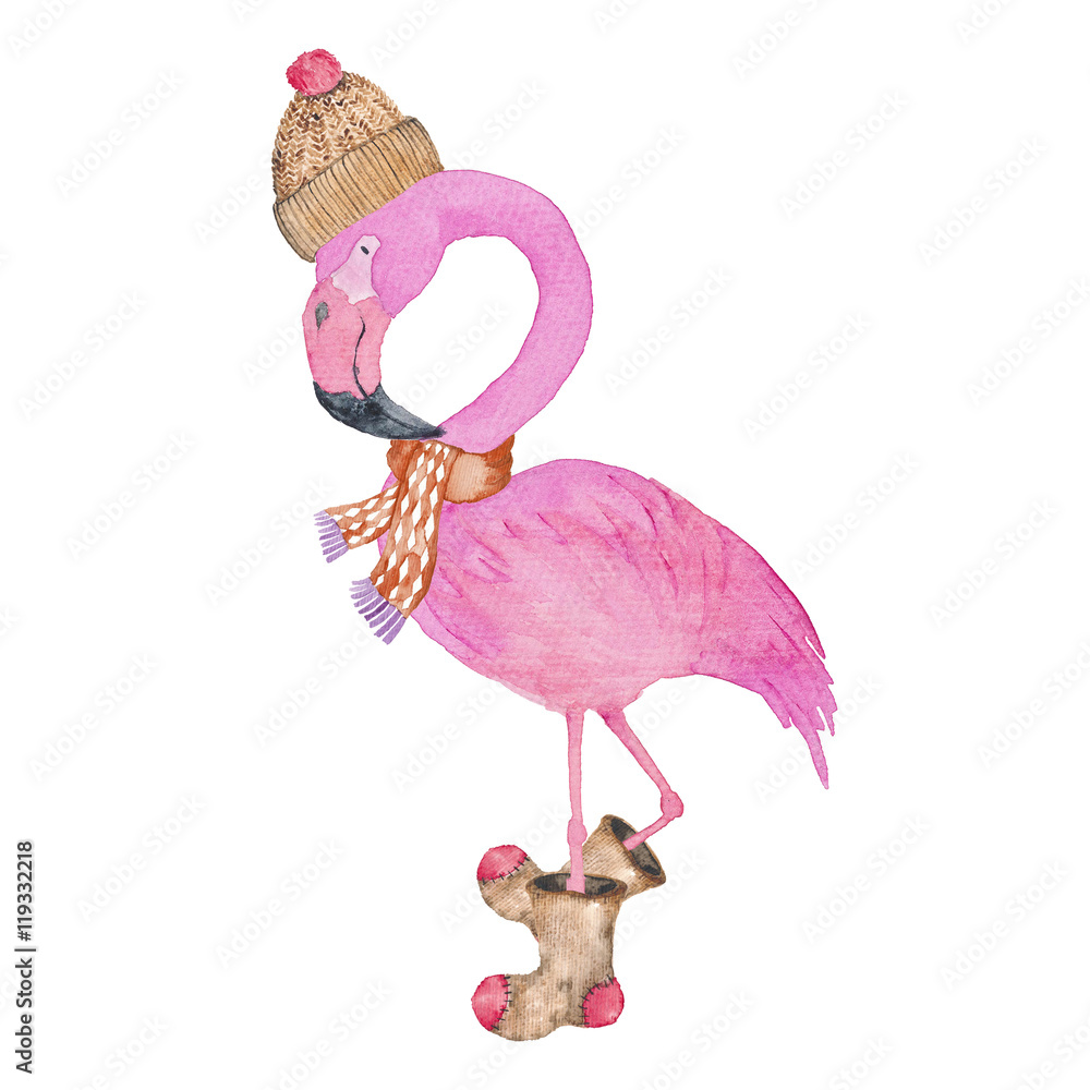 Naklejka premium Flamingo Pink Bird Christmas Animals Winter watercolor Hand-painted illustration cute animal holidays Seasonal Isolated hat scarf