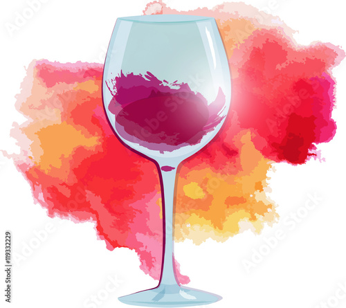 Vector drawing of red wine glass on watercolor texture