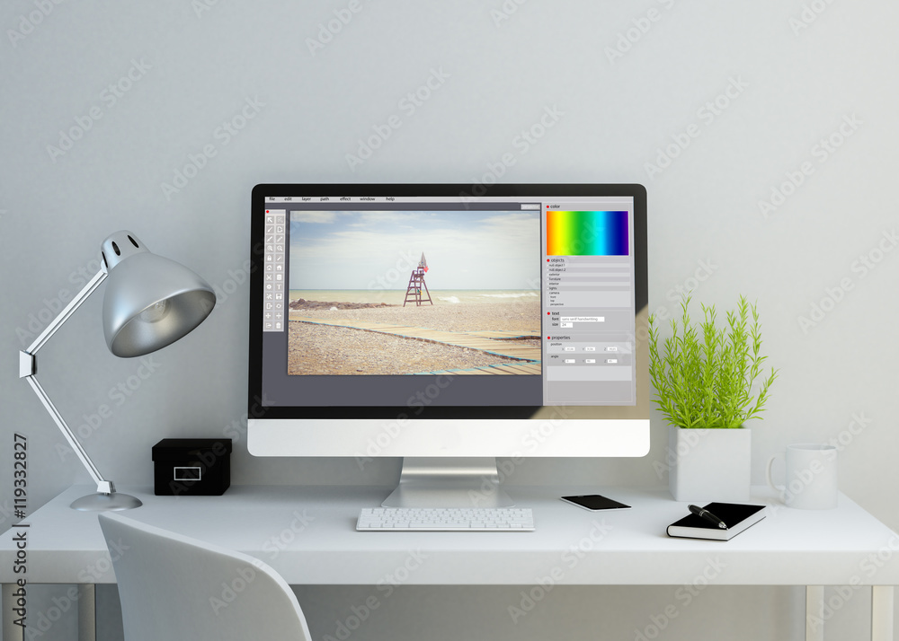 modern clean workspace with photo editor on screen modern clean workspace with photo editor on screen