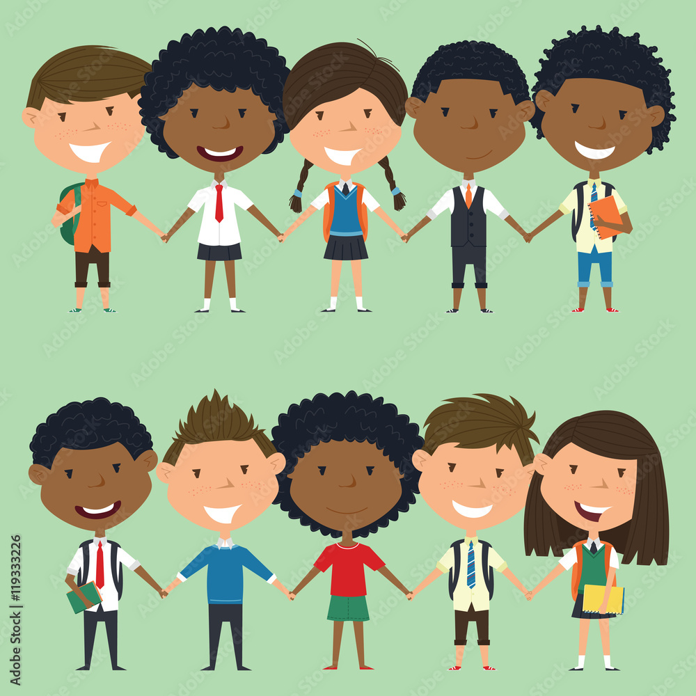 Multiracial school boys and girls standing and holding hands Multiracial school boys and girls standing and holding hands
