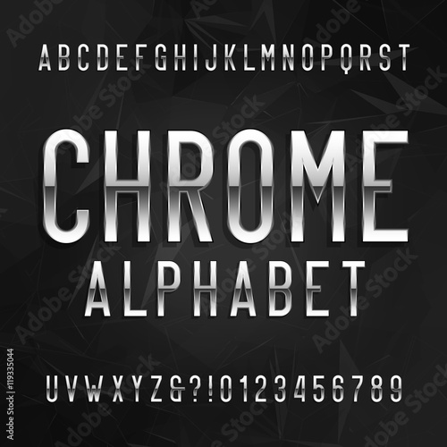 Chrome alphabet font. Metallic effect letters and numbers on a dark polygonal background. Vector typeface for your design.