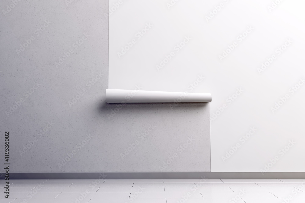 Blank white wallpaper hanging on the wall, design mock up, clipping path, 3d rendering. Paperhanging surface mockup. Home decoration tapestry scroll template. Blanket canvas in the room interior. - obrazy, fototapety, plakaty 