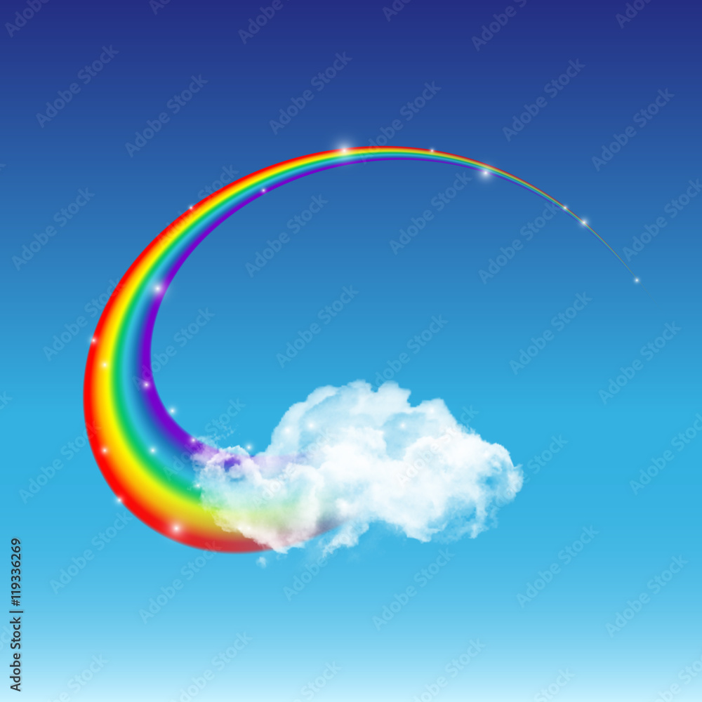 Shiny vector rainbow. Beautiful rainbow and transparent white cloud on blue sky background.