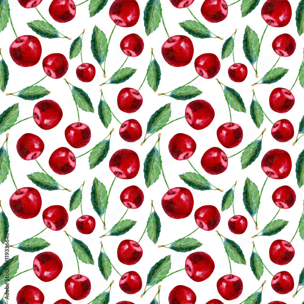 Seamless pattern with cherry.Food picture.Watercolor hand drawn illustration.White background. Seamless pattern with cherry.Food picture.Watercolor hand drawn illustration.White background.