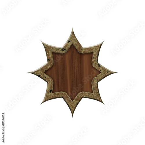 Wood badge with marbled border in form of circle.