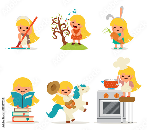 Happy Little Girl Smiling Child Icon Set Concept Isolated Flat Design Vector Illustration