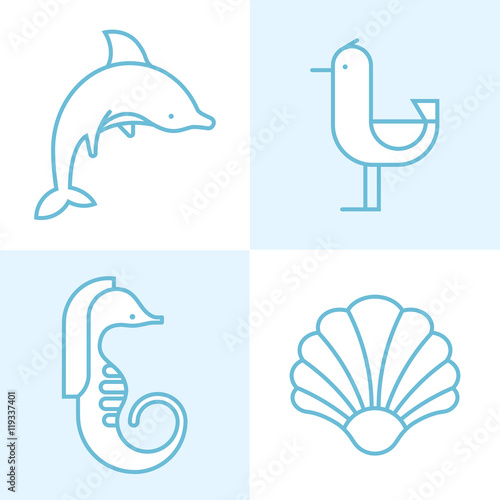 Sea animal silhouettes, isolated.