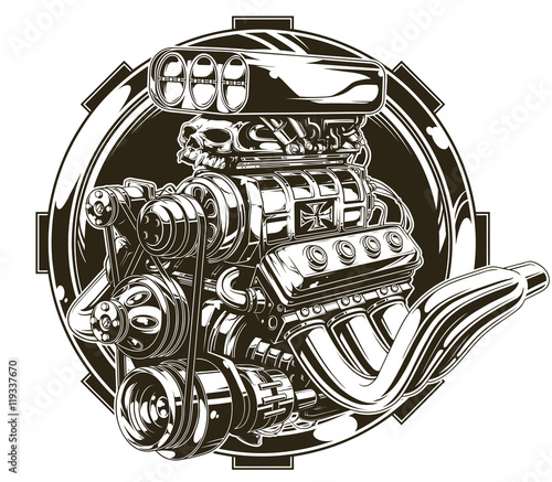 Photo Cool detailed hot road engine with skull tattoo